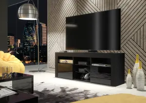 TV Unit 145cm Modern Black with High Gloss Doors - Creative Furniture