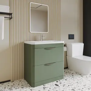 Floor Standing 2 Drawer Vanity Unit with Polymarble Basin - 800mm - Satin Green