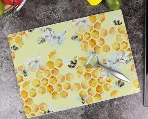 Purely Home Yellow Bee Hive Glass Worktop Protector - Large Chopping/Cutting Board Gift