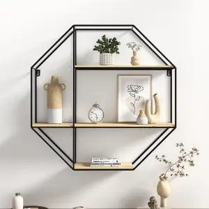 3 Tiers Modern Octagonal Metal and Wood Floating Decorative Wall Shelf Display Unit