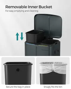 SONGMICS Double Compartment Kitchen Bin, Waste Can, Metal Step Bin, Inner Buckets, Soft-Close Lids, Odour Seal, Greenish-Grey