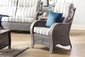 Desser Turin Grey Rattan Conservatory Armchair Real Cane Natural Rattan Indoor Chair w/ UK Sewn Cushion in Duke Grey Stripe Fabric