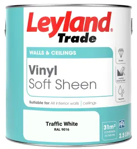 Leyland Trade Vinyl Soft Sheen Walls & Ceilings Emulsion Paint Traffic White (RAL 9016) - 2.5L