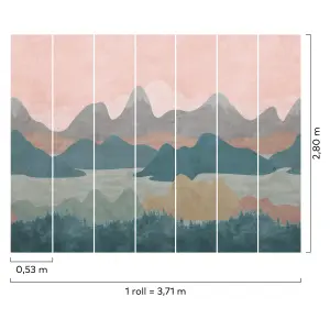 Grandeco Hills & Mountains Landscape 7 panel Repeatable Textured Mural,  2.8 x 3.71m Pink Teal