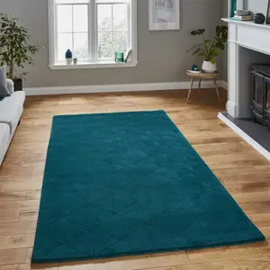 Green Geometric Luxurious Modern Plain Wool Chequered Rug For Bedroom & Living Room-150cm X 230cm