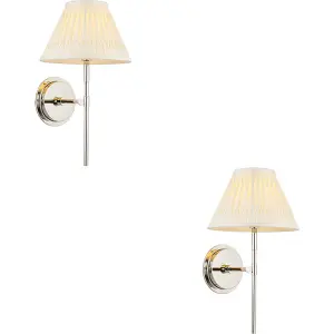 2 PACK Indoor Bright Nickel Plate Wall Light - Ivory Silk Shade - Dimmable 6W LED E14