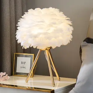 White Chic LED Feather Bedroom Bedside Table Lamp with Gold Tripod Legs 30cm x 45cm