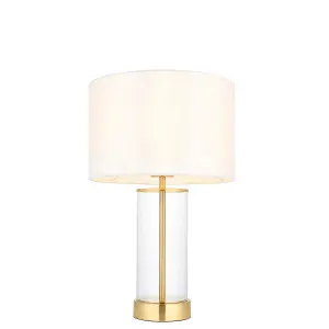 Luminosa Lessina Base & Shade Table Lamp, Satin Brass Plate, Glass, Vintage White Fabric