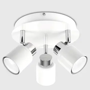 ValueLights Benton Modern Gloss White Polished Chrome IP44 Rated 3 Way Round Plate Bathroom Ceiling Spotlight