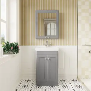 Traditional Floor Standing 2 Door Vanity Unit with 1 Tap Hole Fireclay Basin, 500mm - Satin Grey