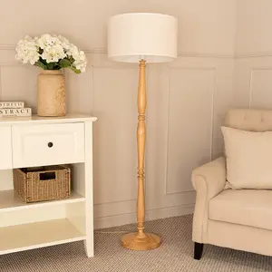 ValueLights Victoria Light Wood Candlestick Floor Lamp with Linen White Trim Drum Shade