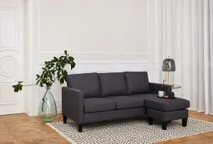 Leah 3 Seater Fabric Sofa L-Shaped Chaise Left Or Right Hand Corner With Black Legs, Grey