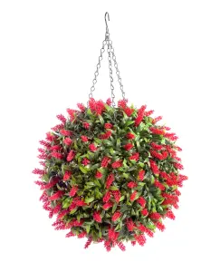 Pair of Best Artificial 38cm Red Lush Lavender Hanging Basket Flower Topiary Ball - Weather & Fade Resistant