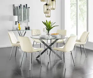 Furniturebox UK Novara 120cm Round Dining Table and 6 Cream Pesaro Silver Leg Chairs