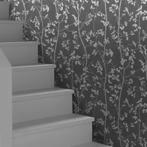 GoodHome Bromus Charcoal Metallic effect Floral Textured Wallpaper