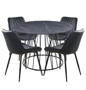 Hallowood Furniture Cullompton Large 120cm Round Table with 4 Black Bonded Leather Dining Chairs