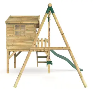 Rebo Orchard 4ft x 4ft Wooden Playhouse with Swings, 900mm Deck and 6ft Slide - Solar Green