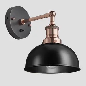 Industville Brooklyn Dome Wall Light, 8 Inch, Black, Copper Holder