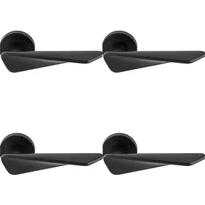 4 PACK - Premium Angle Twist Door Handle Set - Matt Black Designer Lever on Round Rose