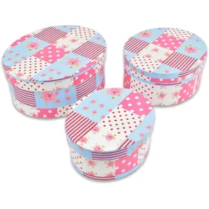 Set of 3 Storage Boxes - Pink & Blue Floral Patchwork Design Oval Containers for Storing Photographs, Letters & More