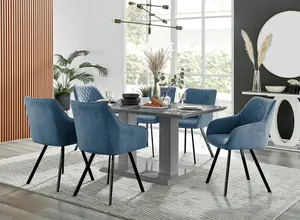 Imperia Grey High Gloss 6 Seater Dining Table with Structural 2 Plinth Column Legs Blue Fabric Black Leg Falun Chairs