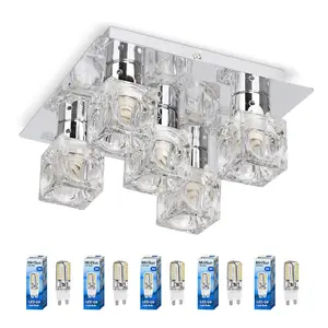 ValueLights Ritz Modern Chrome Ice Cube 5 Way Flush Ceiling Spotlight - Complete 3w G9 LED Light Bulbs 3000K Warm White