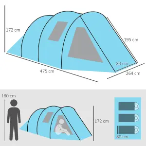 Outsunny 3-4 Persons Tunnel Tent, Two Room Camping Tent w/ Windows, Blue