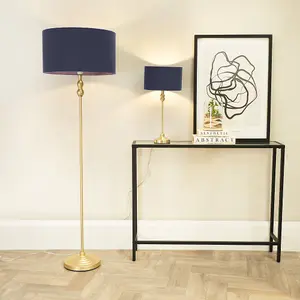 ValueLights Maggie Gold Metal Candlestick Floor Lamp with Navy Blue Fabric Lamp Shade and LED Bulb