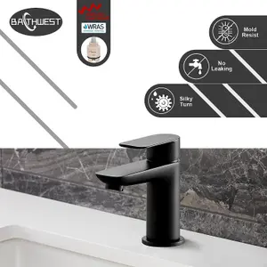 BATHWEST Black Basin Taps with Pop Up Waste Modern Monobloc Chrome Brass Matte Black Bathroom Sink Taps