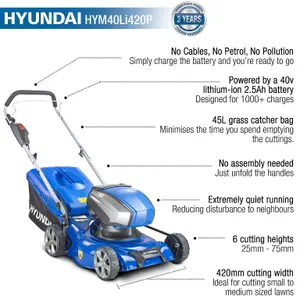 Hyundai 42cm Cordless 40v Lithium-Ion Battery Lawnmower with Battery and Charger HYM40LI420P