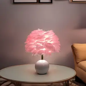 E27 Modern Apricot Pink Feather Lampshade Table Lamp Fixture Decor - Warm Light