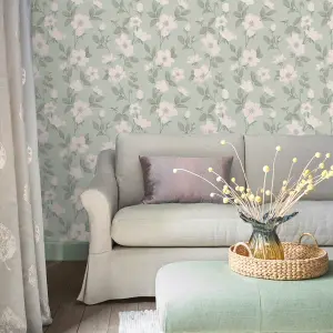 Laura Ashley Fleurir Smoke green Floral Smooth Wallpaper Sample