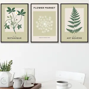 Set of 3 Framed Vintage Graphical Green Botanical / 42x59cm (A2) / Black