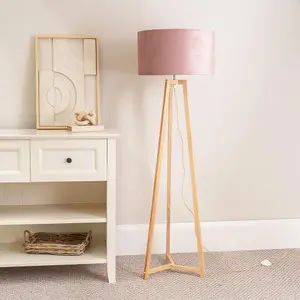 ValueLights Lottie Natural Wood Tripod Floor Lamp with Blush Pink Velvet Drum Shade