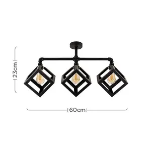 ValueLights Luiggi Satin Black 3 Way Bar Pipework Ceiling Light with Puzzle Cube Design Black Metal Shades and LED Bulbs