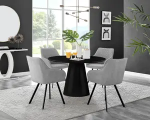 Furniturebox UK Palma Black Semi-Gloss Round Pedestal Dining Table & 4 Light Grey Fabric Falun Black Leg Chairs