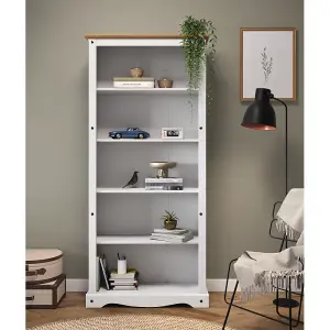 Corona White Large Bookcase Tall 5 Shelf Open Display Solid Pine with Mexican Styling