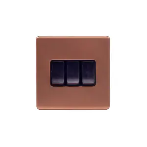 Lieber Brushed Copper 10A 3 Gang 2 Way Switch - Black Insert Screwless