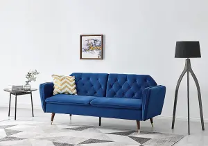 Whitby Velvet Fabric Sofa Bed 3 Seater Padded Suite Click Clack Luxury Recliner Sofabed, Dark Blue