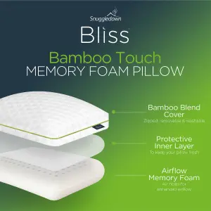 Snuggledown Bamboo Memory Foam Pillow 1 Pack Firm Support Side Sleeper Orthopaedic Zipped Cover 64x38cm