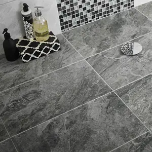 Haver Anthracite Matt Travertine effect Ceramic Indoor Wall & floor Tile, Pack of 6, (L)600mm (W)300mm