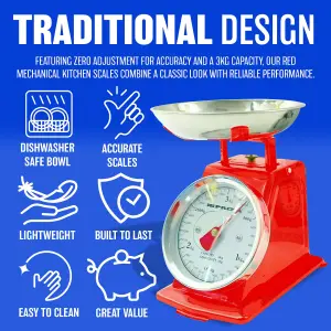 New Red 3kg Tradition Kitchen Weighing Scales Metal Baking Cooking Mechanical Food