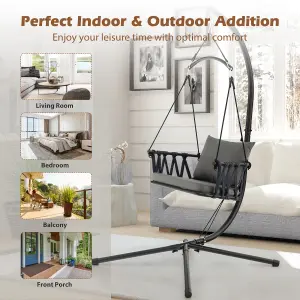 Costway Hanging Swing Chair with Stand Indoor Outdoor Hammock Chair w/ Cozy Seat & Back Cushion