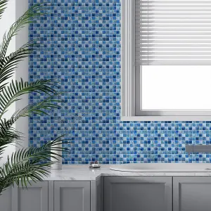 Walplus Mother Pearl Blue Jewel Mosaic Wall Tile Sticker Set - 15cm (6inch) - 24pcs One Pack