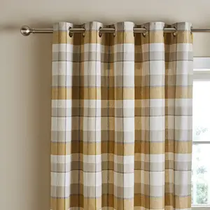 Brushed Cotton Thermal Check Lined Eyelet Curtains Ochre / 117 W x 137 D cm