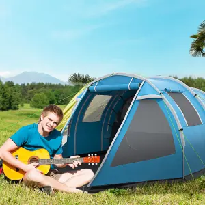 Outsunny 3-4 Persons Tunnel Tent, Two Room Camping Tent w/ Windows, Blue