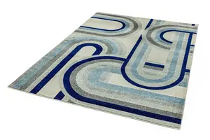 Retro Blue Geometric Modern Jute Backing Machine Made Rug for Living Room Bedroom and Dining Room-120cm X 170cm