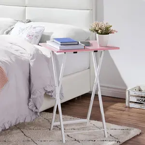 Folding Side Table with Cup Holder, Industrial Side Table for Living Room, Bedroom (Set of 2) Pink/White