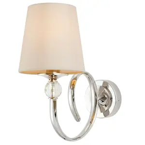 Luxury Traditional Curved Arm Wall Light Bright Nickel Crystal & Marble Shade