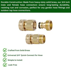 Brass Hose Connector Set - 3/4 Inch Female Thread Tap and Male Quick Connectors + PTFE Tape Universal Outdoor Tap Adapter